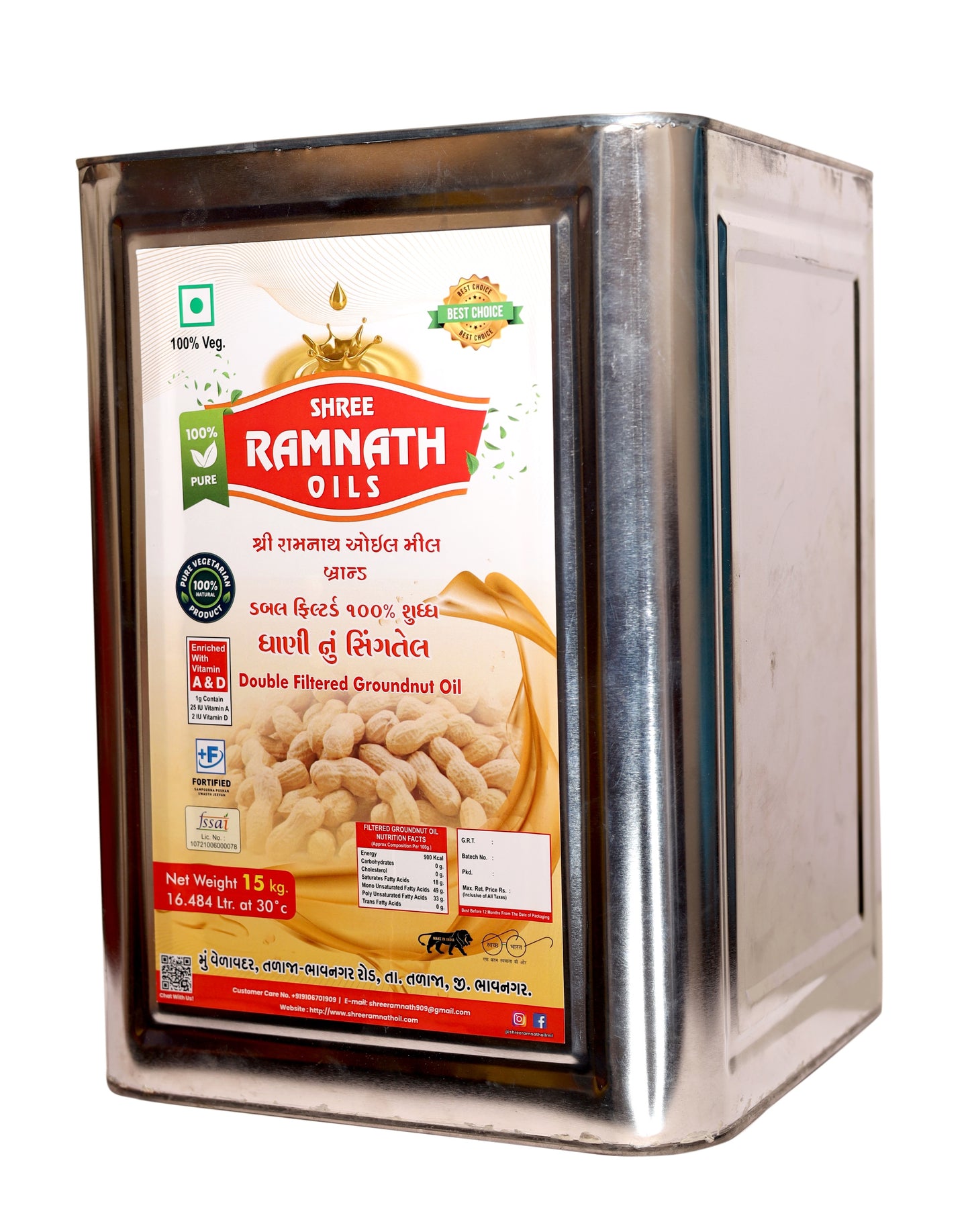 Ramnath Oils – 100% Natural Double-Filtered Groundnut Oil | Premium Quality | Vitamin A & D Enriched | Traditional Taste & Healthy Cooking Oil | 15 KG Jumbo Tin Pack